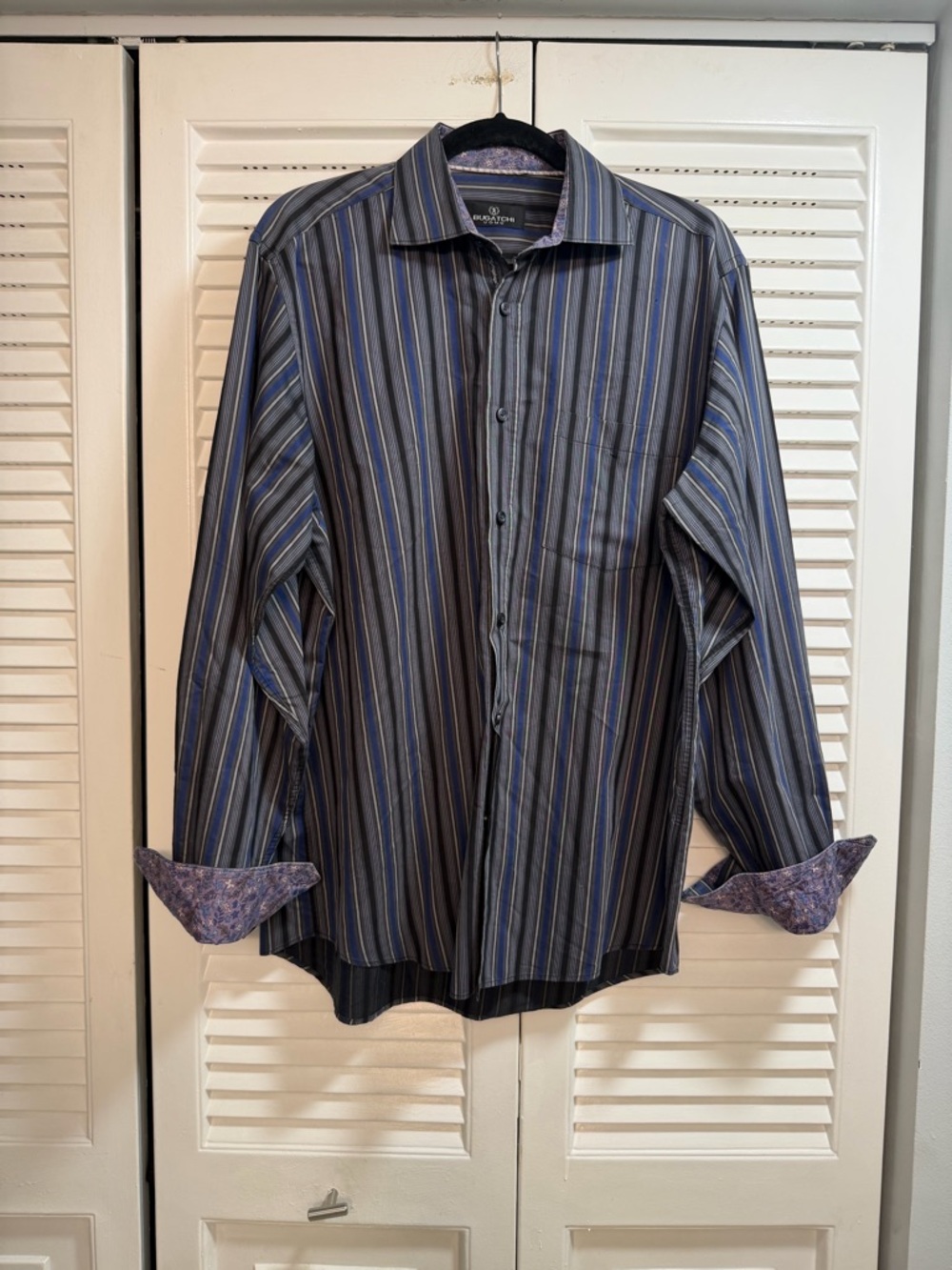 Bugatchi Navy and Gray Striped Dress Shirt